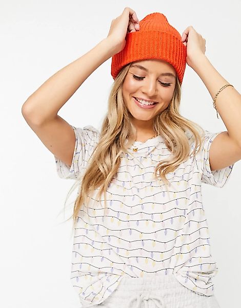 Monki – T-Shirt aus Bio-Baumwolle mit weihnachtlichem Lichterketten-Muster günstig online kaufen