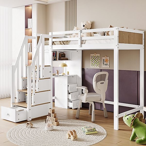 Flieks Hochbett Kinderbett 90x200cm mit Stauraumtreppe günstig online kaufen