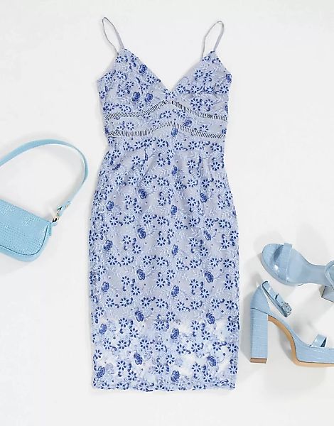 Bardot – Spitzenverziertes Kleid in Staubblau günstig online kaufen