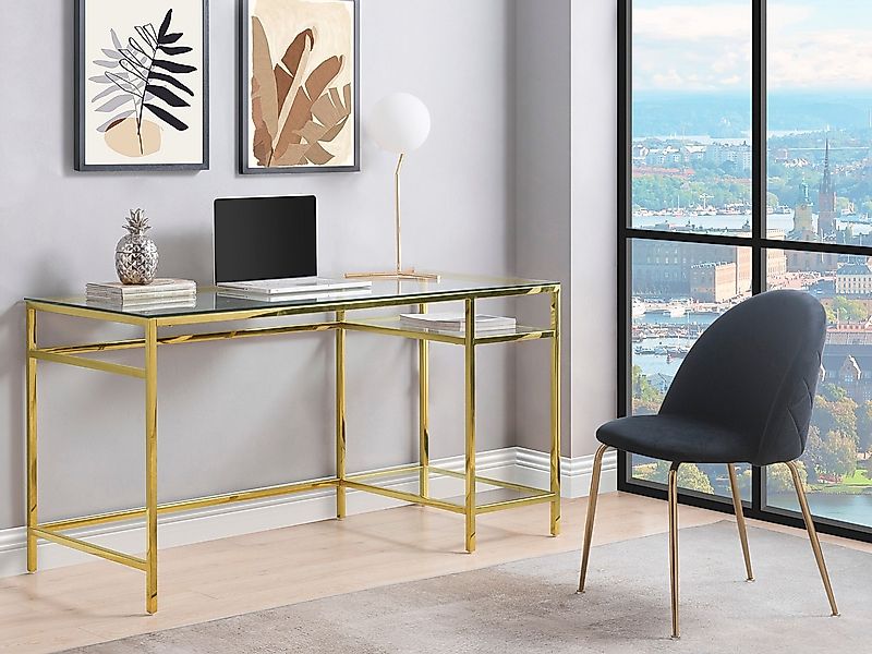 Schreibtisch mit 2 Ablagen - Glas & Stahl - Goldfarben - TIZIO von Pascal M günstig online kaufen