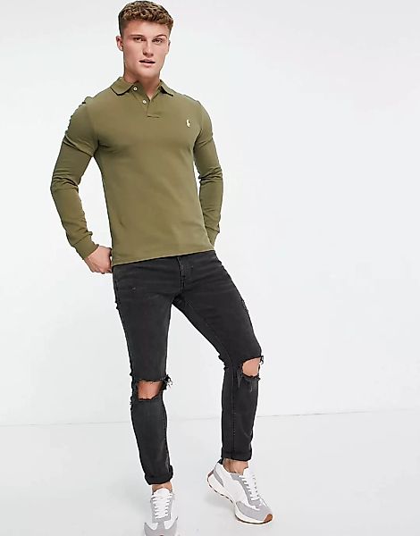 Polo Ralph Lauren – Langärmliges, schmal geschnittenes Pikee-Polohemd in Ol günstig online kaufen