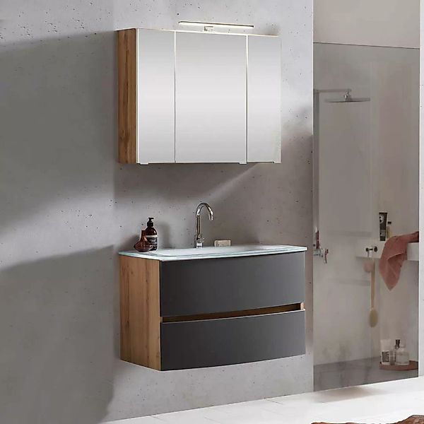 Waschtisch und Spiegelschrank in Wildeichefarben und Grau Wandmontage (zwei günstig online kaufen