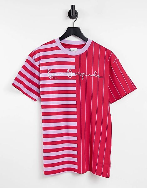 Karl Kani – Rosa gestreiftes Oversize-T-Shirt mit geteiltem Design und Logo günstig online kaufen