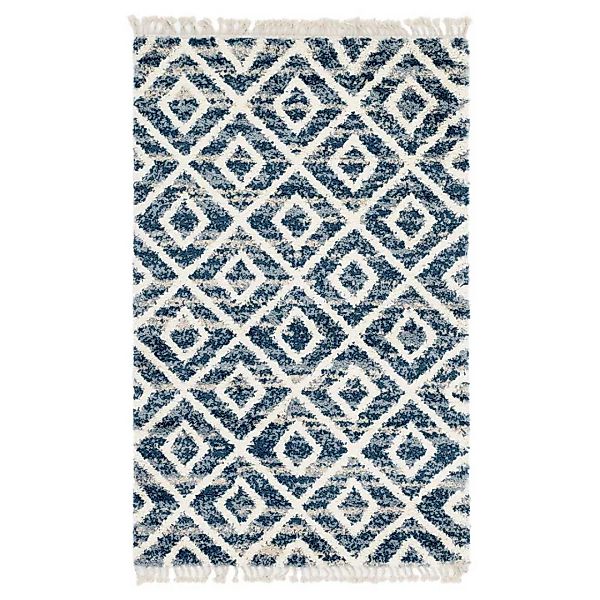 Muster Teppich geometrisch in Blau und Cremefarben Shaggy Hochflor günstig online kaufen