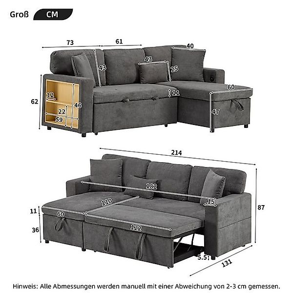 Odikalo 3-Sitzer Couch Wohnzimmer Polstermöbel Sofabett L-Form Umbau Sofa W günstig online kaufen