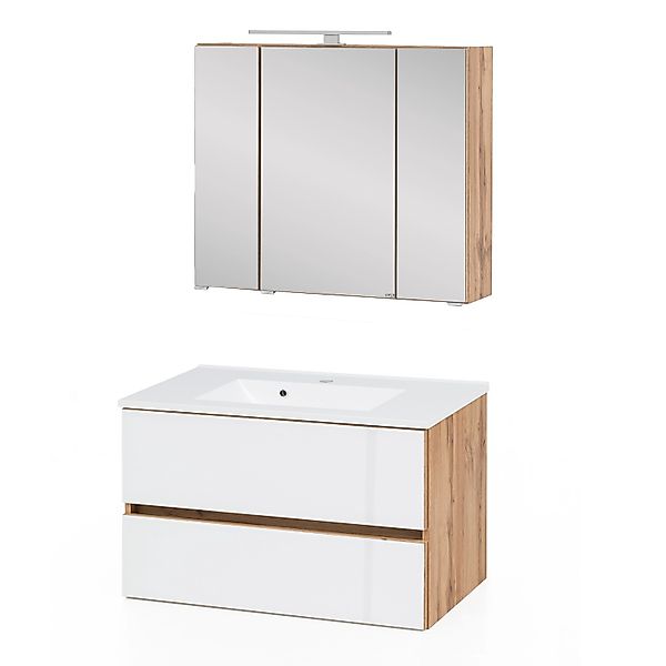 Held Möbel 2-tlg. Waschtisch- Set Pisa 80 Weiß-Wotaneiche günstig online kaufen