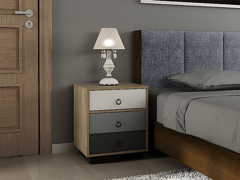 Nachttisch mit 1 Tür & 1 Schublade - Holzfarben, Weiß & Grau - KRYPTON günstig online kaufen