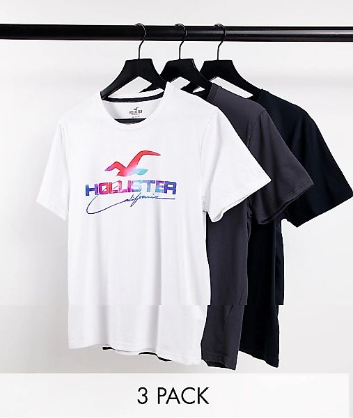 Hollister – T-Shirts in Weiß/Grau/Schwarz mit Ombré-Logo im 3er-Pack-Bunt günstig online kaufen