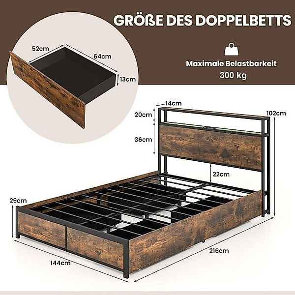 COSTWAY Bettgestell, mit LED Beleuchtung, Ladestation & 4 Schubladen. 140x2 günstig online kaufen