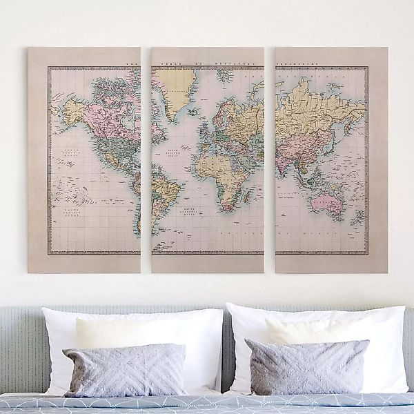 3-teiliges Leinwandbild Weltkarte - Querformat Vintage Weltkarte um 1850 günstig online kaufen