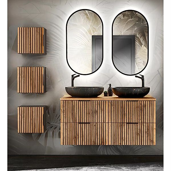 Badezimmer Set mit Hängeschränken, Aufsatzbecken, LED-Spiegel XANTEN-56 in günstig online kaufen