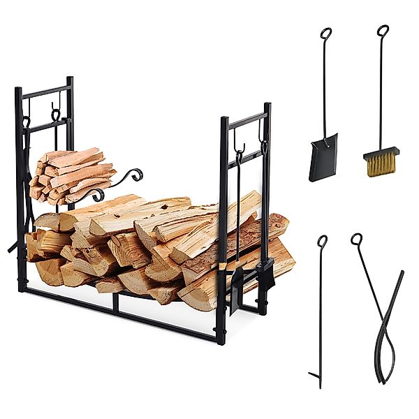 Outsunny Kaminholzregal Holzständer Holzablage 2 Schichten mit 4 Haken Meta günstig online kaufen