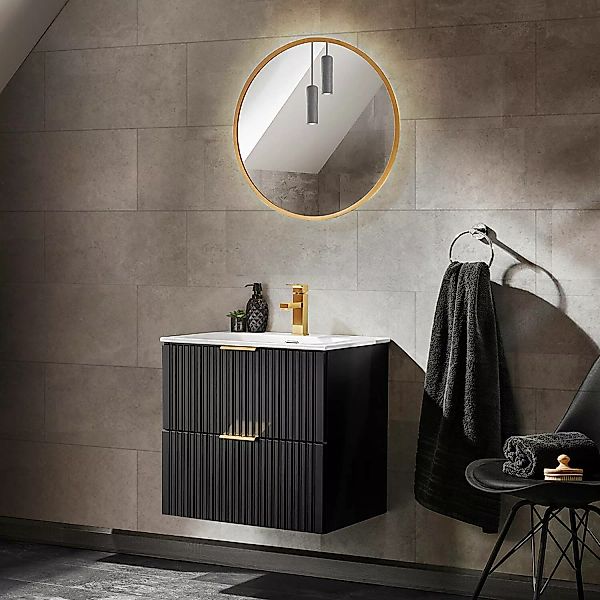 Waschplatz Set mit 61cm Waschtisch und rundem Spiegel, matt schwarz gerillt günstig online kaufen