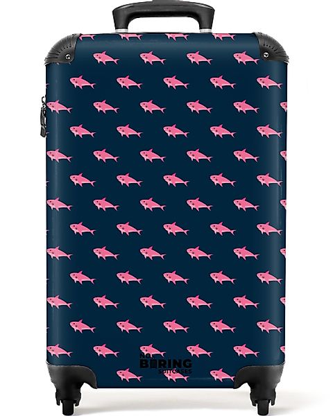 NoBoringSuitcases.com© Hartschalen-Trolley Blau mit rosa Hai-Aufdruck günstig online kaufen