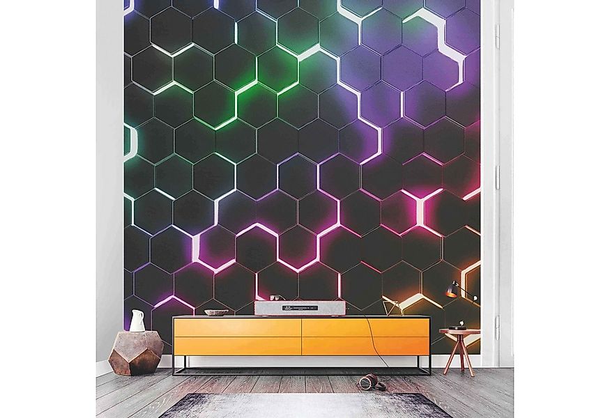Bilderdepot24 Fototapete Gamer Hexagone Neonlicht Wanddeko Modern Kunst 3D- günstig online kaufen