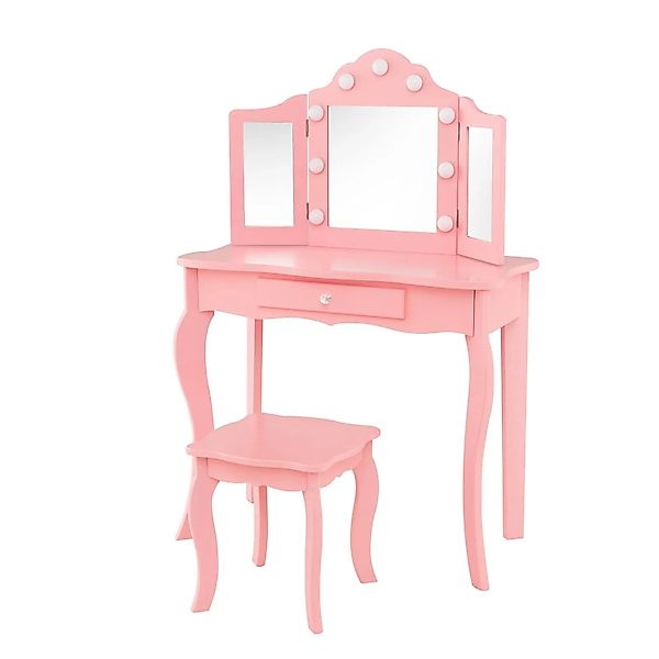 Costway 2 In 1 Kinder Schminktisch mit Led & Klappbarem Spiegel Rosa günstig online kaufen