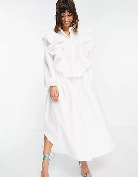 ASOS EDITION – Oversized Hemdkleid mit Rüschendetails in Weiß günstig online kaufen