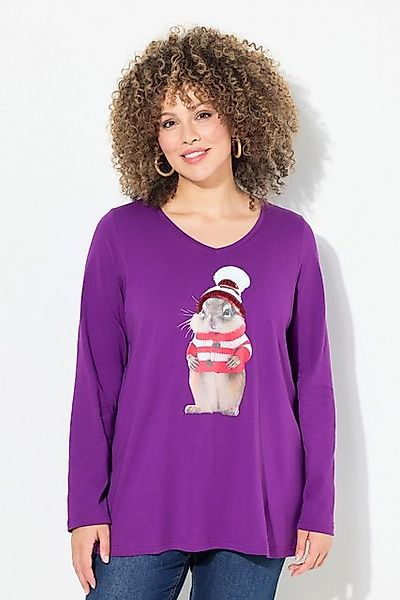 Ulla Popken Longsleeve Weihnachtsshirt Eichhörnchen V-Ausschnitt Langarm günstig online kaufen