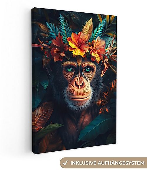 OneMillionCanvasses® Leinwandbild Schimpanse - Affe - Dschungel - Blumen - günstig online kaufen