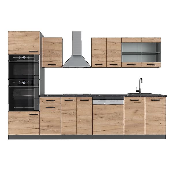 Vicco R-Line Küchenzeile Goldkraft Eiche/Anthrazit 300 cm mit Hochschrankoh günstig online kaufen