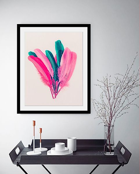 queence Bild "Federn", Federn-Kunst, HD Premium Poster-Druck inkl. Holzrahm günstig online kaufen
