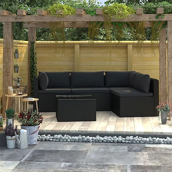 vidaXL Loungesofa 5-tlg. Garten-Lounge-Set mit Auflagen Poly Rattan Schwarz günstig online kaufen