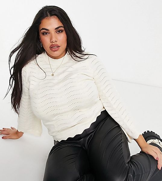 Fashion Union Plus – Pointelle-Pullover mit Muschelsaum-Weiß günstig online kaufen