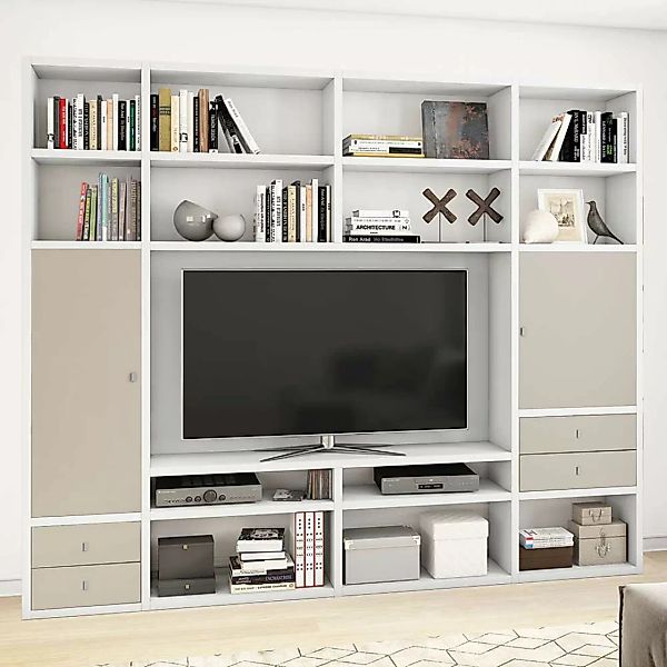 TV Regal in Weiß und Beige Türen und Schubladen günstig online kaufen
