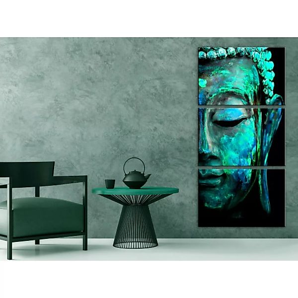 Leinwandbild Das Gesicht des Buddha - Fragment des Gesichts in grün-blauen günstig online kaufen