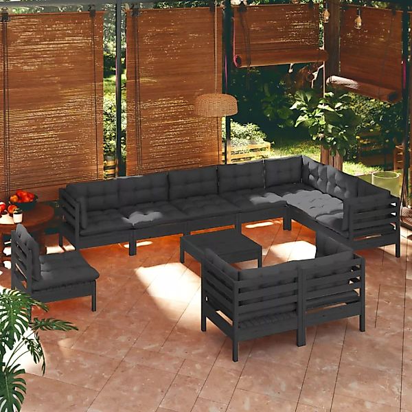 11-tlg. Garten-lounge-set Mit Kissen Schwarz Massivholz Kiefer günstig online kaufen
