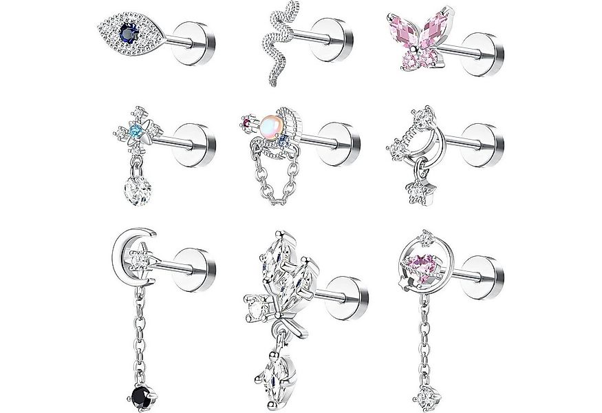 Kakonia Piercing-Set Edelstahl Piercing Set 9 Stück 16G Tragus Helix Ohrste günstig online kaufen