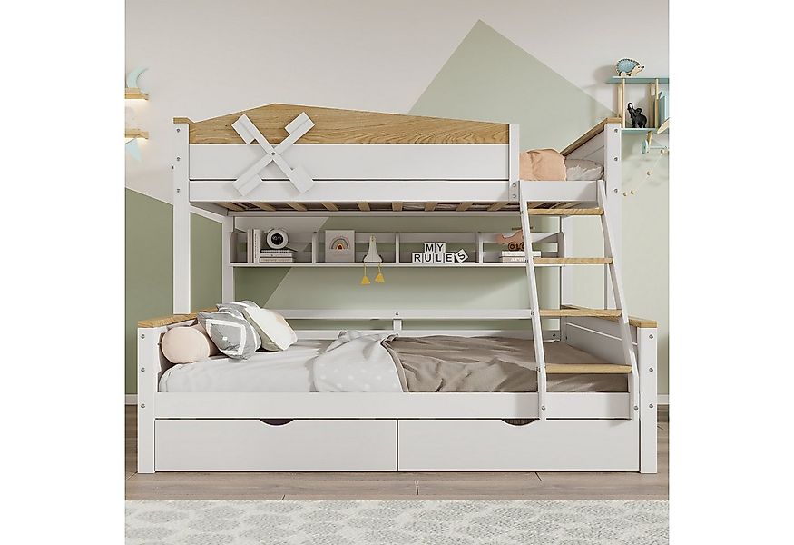 Flieks Etagenbett, Kinderbett 90x200cm+140x200cm mit Windmühle, Regalen und günstig online kaufen