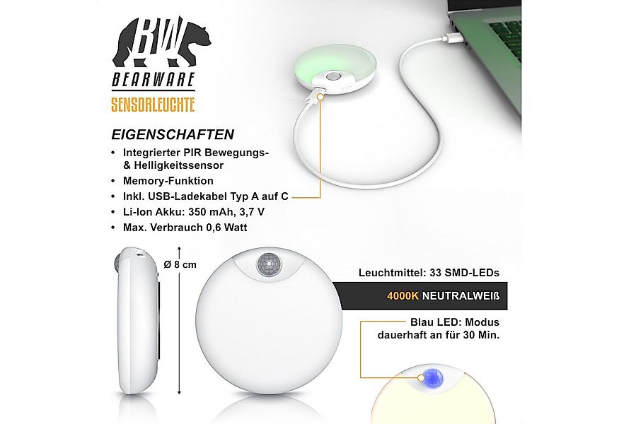 BEARWARE LED Nachtlicht 2x Schranklicht mit Bewegungsmelder, 2er Set, Akku, günstig online kaufen