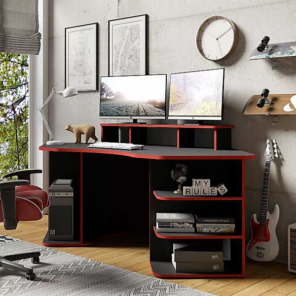 Gamer Schreibtisch in Schwarz und Rot halbrunder Tischplatte günstig online kaufen