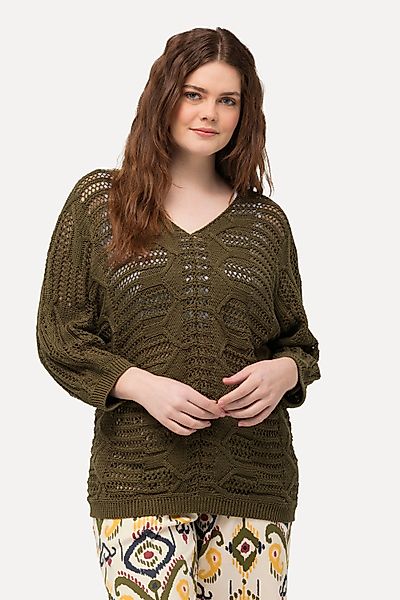 Ulla Popken Strickpullover Pullover Ajourmuster V-Ausschnitt günstig online kaufen