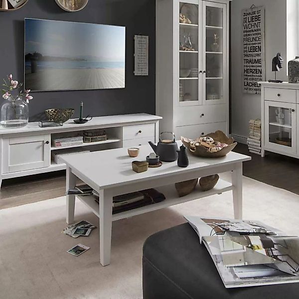 Landhaus Wohnzimmer Tisch aus Kiefer Massivholz Weiß Vierfußgestell günstig online kaufen