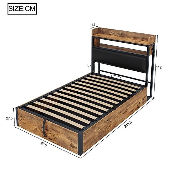 Flieks Holzbett, Hydraulisches Stauraumbett Metallbett Einzelbett 90x200cm günstig online kaufen