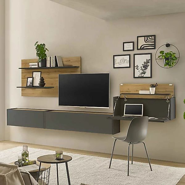 Fernseher Schrankwand mit Schreibtisch in Anthrazit Wildeichefarben (vierte günstig online kaufen