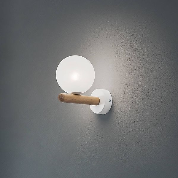 Wandleuchte Estera, weiß/holzfarben, Glas, Ø 12 cm, G9 günstig online kaufen