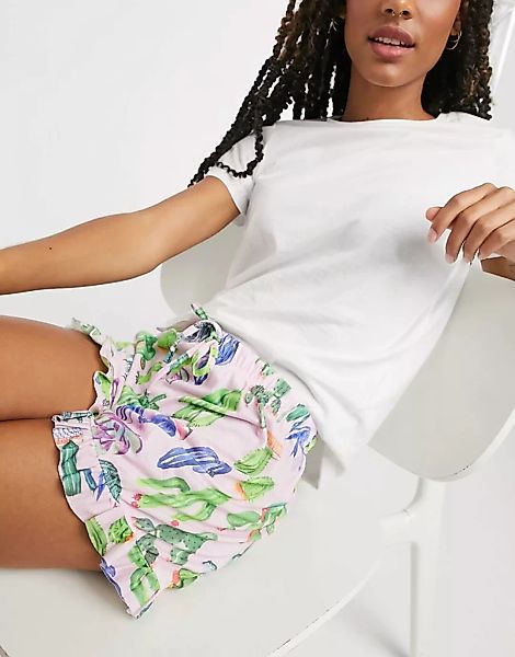 Outrageous Fortune – Schlafanzug-Shorts mit Rüschen und grünem Kaktus-Print günstig online kaufen