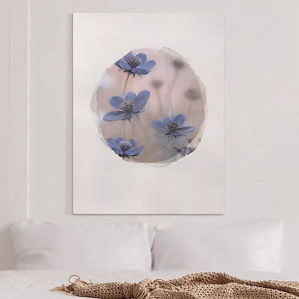 Leinwandbild Blumen - Hochformat Wasserfarben - Blaue Kosmeen günstig online kaufen