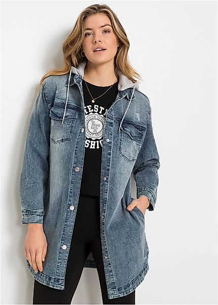 bonprix Jeansjacke mit Kapuze lange, bequeme Passform, mit Eingriffs- und B günstig online kaufen