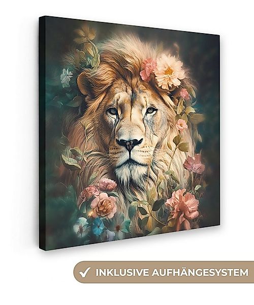 OneMillionCanvasses® Leinwandbild Löwe - Löwenkopf - Wilde Tiere - Blumen, günstig online kaufen
