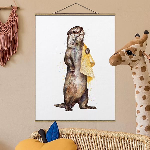 Stoffbild Tiere mit Posterleisten - Hochformat Illustration Otter mit Handt günstig online kaufen