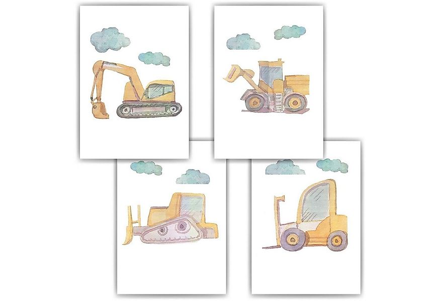 Tigerlino Poster Bagger Bulldozer Gabelstapler 4er Set Kinderzimmer Bilder günstig online kaufen