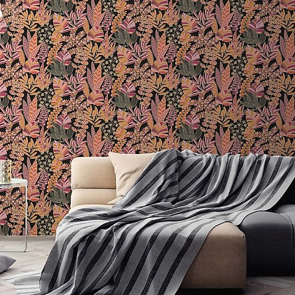 Bricoflor ausgefallene Tapete in Schwarz Pink Orange Blätter Vliestapete mi günstig online kaufen
