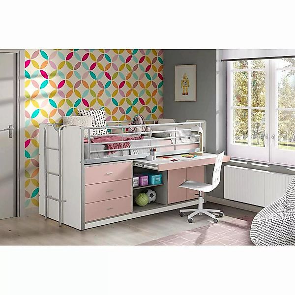 Lomadox Hochbett 90x200cm, mit ausziehbarem Schreibtisch und Stauram, weiß/ günstig online kaufen