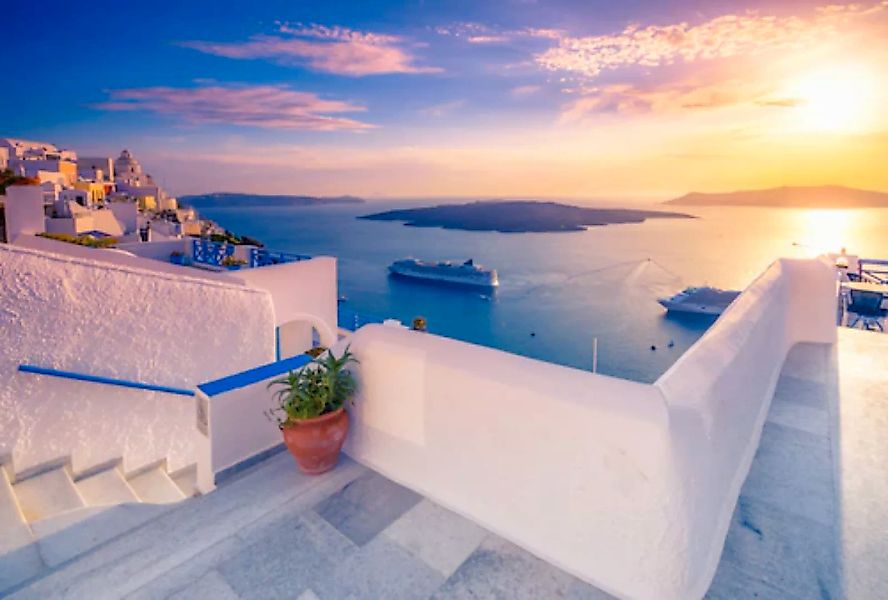 Papermoon Fototapete »TERRASSE-SANTORINI SEE MEER STRAND PALMEN DÜNEN SCHIF günstig online kaufen