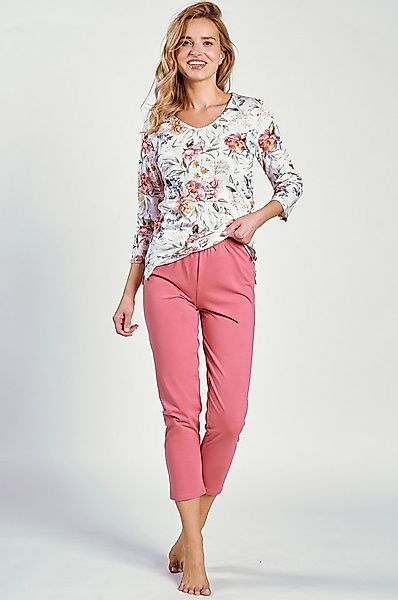 Mademoiselle Sommeil Capri-Pyjama Schlafanzug mit floralem Oberteil & rosa günstig online kaufen