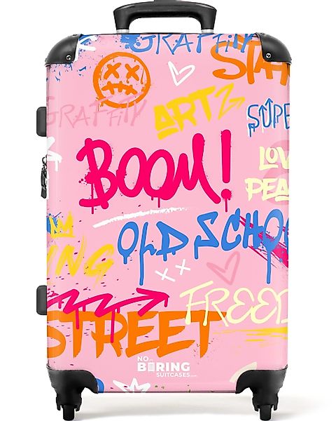 NoBoringSuitcases.com© Hartschalen-Trolley Rosa Hintergrund mit buntem günstig online kaufen